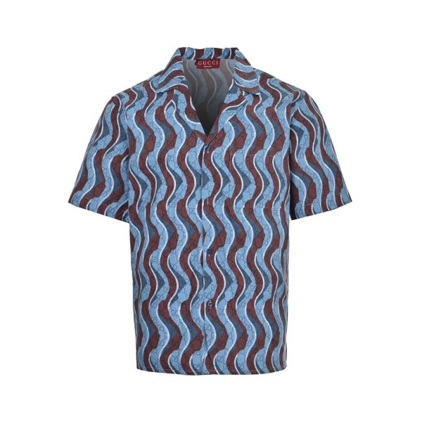 Gucci Waves Print Fabric Bowling Shirt-  light blue