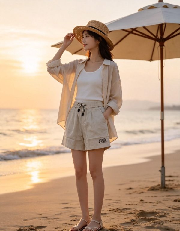 Loewe Relaxed Fit Linen Blend Boxer Style Embroidered Shorts- Beige