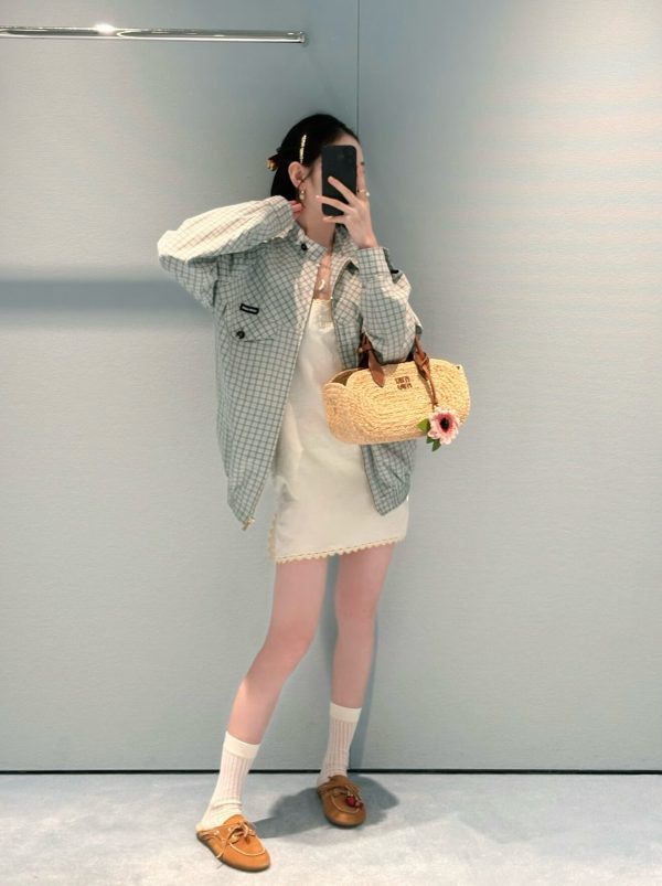 Miu Miu Checked Technical Fabric Blouson Jacket- Light Blue (3) Miu Miu Checked Technical Fabric Blouson Jacket- Light Blue