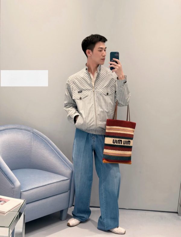 Miu Miu Checked Technical Fabric Blouson Jacket- Light Blue (4) Miu Miu Checked Technical Fabric Blouson Jacket- Light Blue
