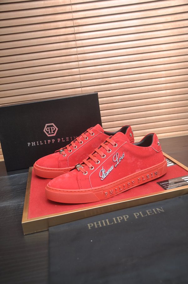 Philipp Plein Cursive Embroidered Suede Low-Top Sneaker – Red (7) Philipp Plein Cursive Embroidered Suede Low-Top Sneaker – Red