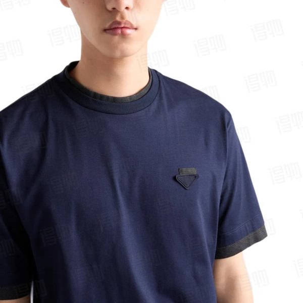 Prada Cotton T-Shirt with Layered Details- Blue