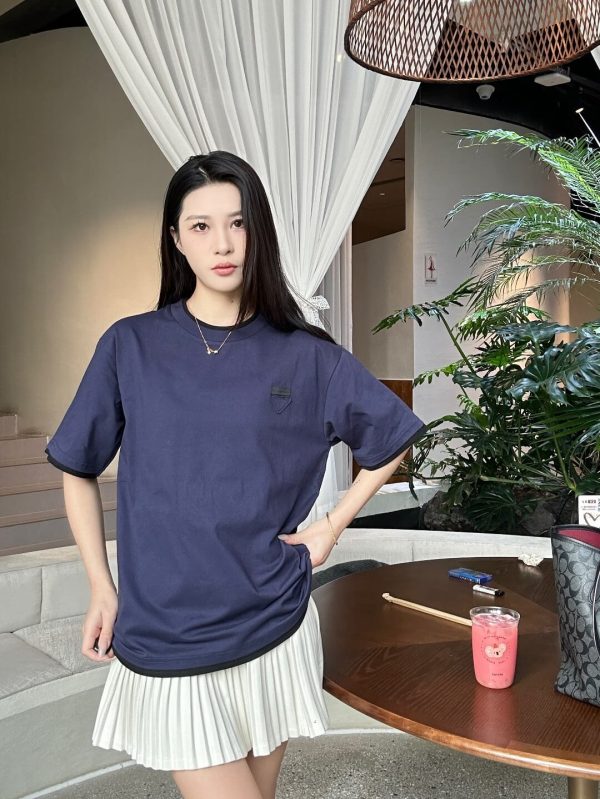 Prada Cotton T-Shirt with Layered Details- Blue