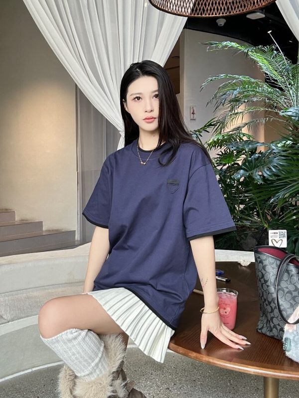 Prada Cotton T-Shirt with Layered Details- Blue