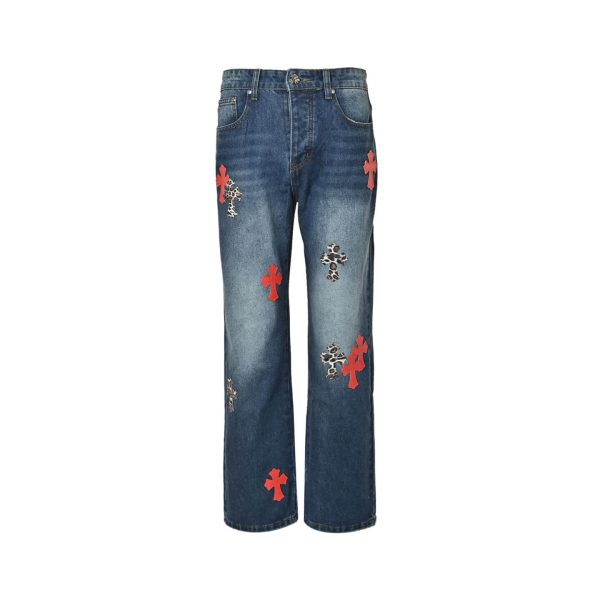Chrome Hearts Cross Patch Denim Jeans in Blue & Leopard (7) Chrome Hearts Cross Patch Denim Jeans in Blue & Leopard