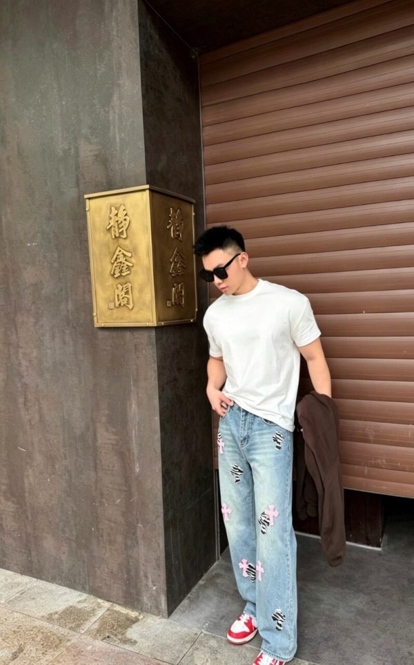 Chrome Hearts Cross Patch Denim Jeans in Light Wash Pink & Zebra (3) Chrome Hearts Cross Patch Denim Jeans in Light Wash Pink & Zebra