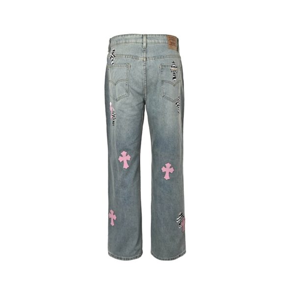 Chrome Hearts Cross Patch Denim Jeans in Light Wash Pink & Zebra (4) Chrome Hearts Cross Patch Denim Jeans in Light Wash Pink & Zebra