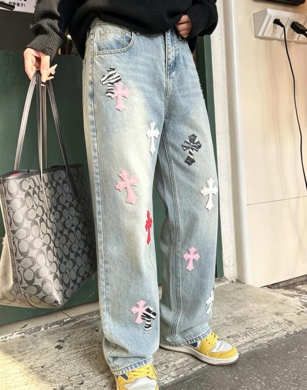 Chrome Hearts Cross Patch Denim Jeans in Light Wash Pink & Zebra (5) Chrome Hearts Cross Patch Denim Jeans in Light Wash Pink & Zebra