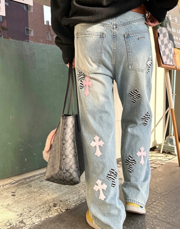 Chrome Hearts Cross Patch Denim Jeans in Light Wash Pink & Zebra (7) Chrome Hearts Cross Patch Denim Jeans in Light Wash Pink & Zebra