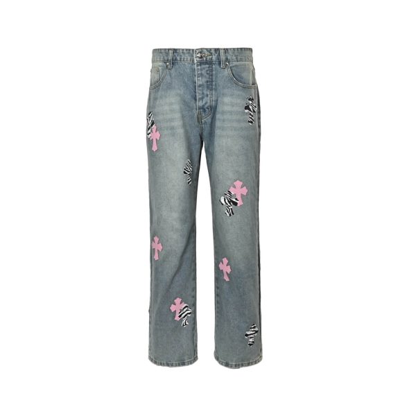 Chrome Hearts Cross Patch Denim Jeans in Light Wash Pink & Zebra (8) Chrome Hearts Cross Patch Denim Jeans in Light Wash Pink & Zebra