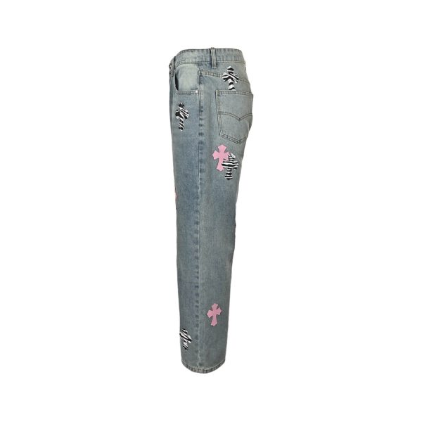 Chrome Hearts Cross Patch Denim Jeans in Light Wash Pink & Zebra (9) Chrome Hearts Cross Patch Denim Jeans in Light Wash Pink & Zebra