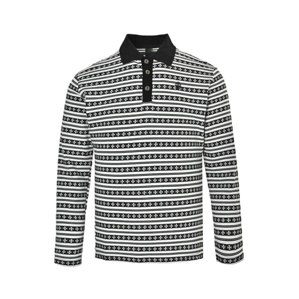 Chrome Hearts Cross Stripe Long-Sleeve Polo Shirt in Black & White