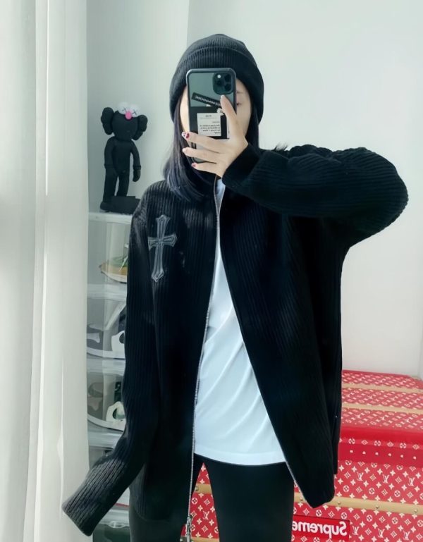 Chrome Hearts Large Cross Patch Ribbed Knit Zip-Up Sweater in Black (8) Chrome Hearts Large Cross Patch Ribbed Knit Zip-Up Sweater in Black
