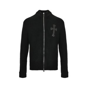 Chrome Hearts Large Cross Patch Ribbed Knit Zip-Up Sweater in Black (9) Chrome Hearts Large Cross Patch Ribbed Knit Zip-Up Sweater in Black