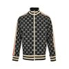 Front view of the Gucci GG Jacquard Zip Track Jacket in Navy and Ivory featuring a metallic front zipper and striped stand collar.