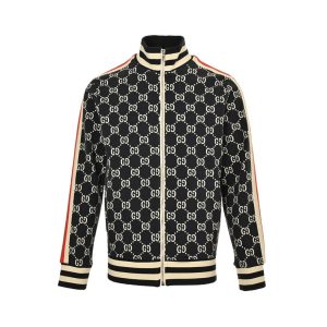 Front view of the Gucci GG Jacquard Zip Track Jacket in Navy and Ivory featuring a metallic front zipper and striped stand collar.