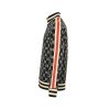 Side profile view of a Gucci track jacket showing the distinctive red and ivory athletic stripe extending down the sleeve.