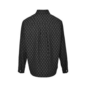 Back view of the black Gucci monogram overshirt showing a continuous interlocking GG pattern and a classic back yoke seam.