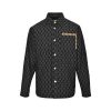 Front view of the black Gucci GG Monogram Shirt Jacket displaying silver-tone button closures and a prominent contrasting tan chest patch.