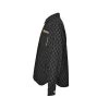 Side profile view of the Gucci GG Monogram Shirt Jacket in Black featuring a contrasting beige chest detail and buttoned cuffs.