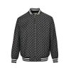 Front view of the Gucci GG Monogram Zip Varsity Bomber Jacket in Black and White featuring a center zip closure and striped ribbed collar.