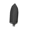 Side profile view of the black and white Gucci GG Monogram bomber jacket displaying the all-over pattern and striped ribbed cuffs.