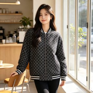 Gucci GG Monogram Zip Varsity Bomber Jacket in Black and White