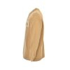 Side profile view of a camel-colored Gucci crewneck sweater highlighting the drop-shoulder fit and white chest logo.
