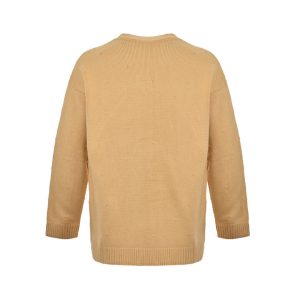 Back view of a relaxed-fit Gucci knit jumper in a solid camel color showing ribbed hem detailing.