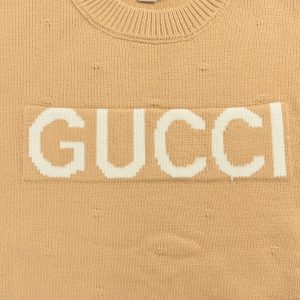 Gucci Intarsia Logo Knit Crewneck Jumper in Camel
