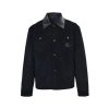 Front view of the Gucci Interlocking G Corduroy Jacket in dark navy featuring a button front, flap chest pockets, and a contrasting collar.