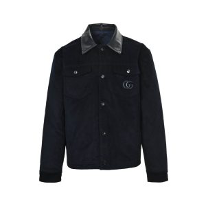 Front view of the Gucci Interlocking G Corduroy Jacket in dark navy featuring a button front, flap chest pockets, and a contrasting collar.