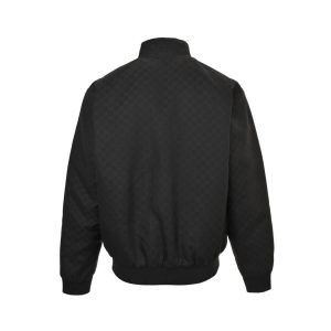 Back view of the Gucci zip-up jacket displaying the continuous black-on-black GG monogram weave and clean bomber-style shape.