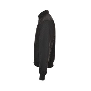 Side profile of the Gucci Tonal GG Monogram Zip-Up Jacket in black, highlighting the ribbed hem and stand collar silhouette.