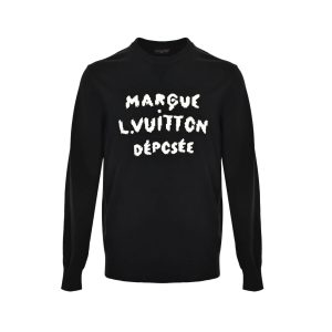Louis Vuitton Marque Déposée Signature Sweatshirt in Black & White (7) Front view of the black Louis Vuitton crewneck sweatshirt featuring white textured "MARQUE L.VUITTON DÉPOSÉE" text across the chest.