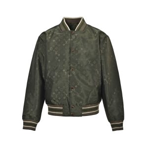Louis Vuitton Tonal Monogram Bomber Jacket in Olive Green (5) Front view of the olive green Louis Vuitton monogram bomber jacket featuring a snap-button closure and striped ribbed collar.
