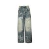 Balenciaga Graffiti Baggy Jeans in Faded Blue (8) Front view of the blue Balenciaga graffiti denim featuring a button closure, heavy whiskering, and multi-colored black and white printed tags.