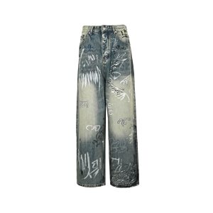 Balenciaga Graffiti Baggy Jeans in Faded Blue (8) Front view of the blue Balenciaga graffiti denim featuring a button closure, heavy whiskering, and multi-colored black and white printed tags.