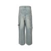Back view of the faded blue Balenciaga jeans showcasing distressed rear pockets, a left leg hammer loop, and a right leg utility pocket.