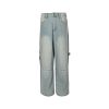 Front view of the light blue Balenciaga minimal baggy jeans featuring horizontal knee seams and a wide-leg silhouette.