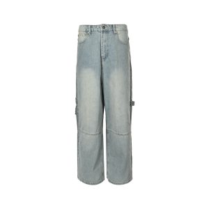 Balenciaga Minimal Baggy Carpenter Jeans in Light Blue Wash (2) Front view of the light blue Balenciaga minimal baggy jeans featuring horizontal knee seams and a wide-leg silhouette.