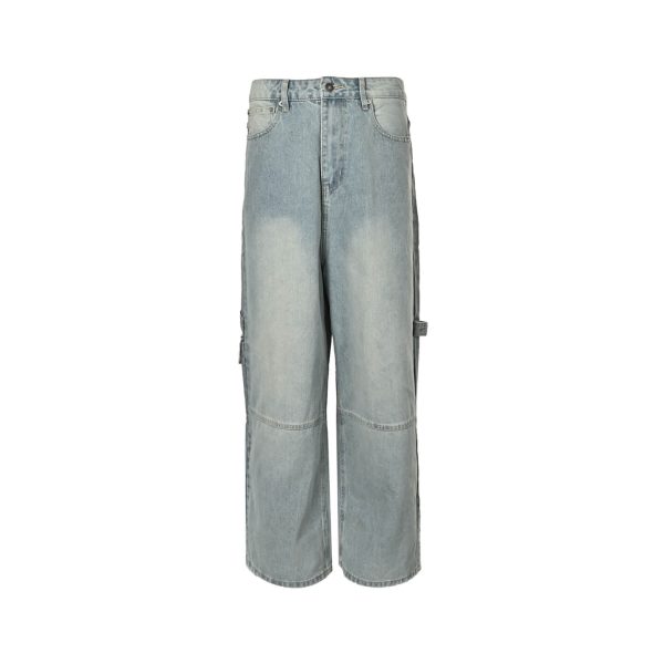 Front view of the light blue Balenciaga minimal baggy jeans featuring horizontal knee seams and a wide-leg silhouette.
