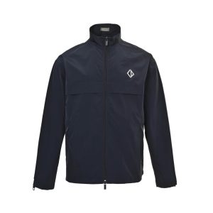 Dior CD Diamond Blouson Jacket in Navy Blue (5) Front view of the navy blue Dior CD Diamond Blouson Jacket featuring a full zip closure, high collar, and white chest logo.