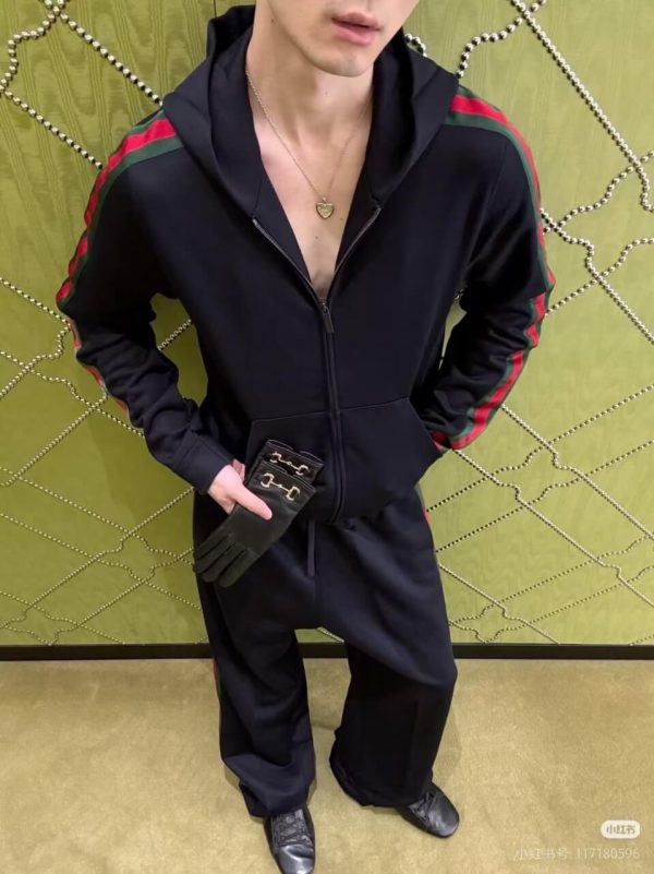 Gucci Silk Cotton Jersey Zip-Up Hoodie Signature Web Stripe Black