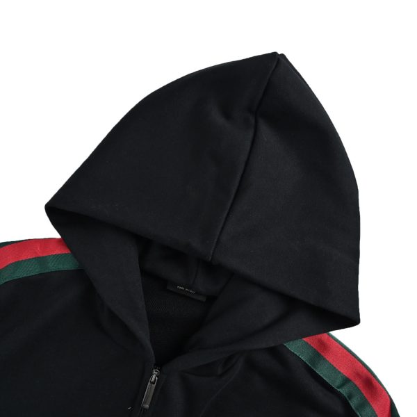 Gucci Silk Cotton Jersey Zip-Up Hoodie Signature Web Stripe Black