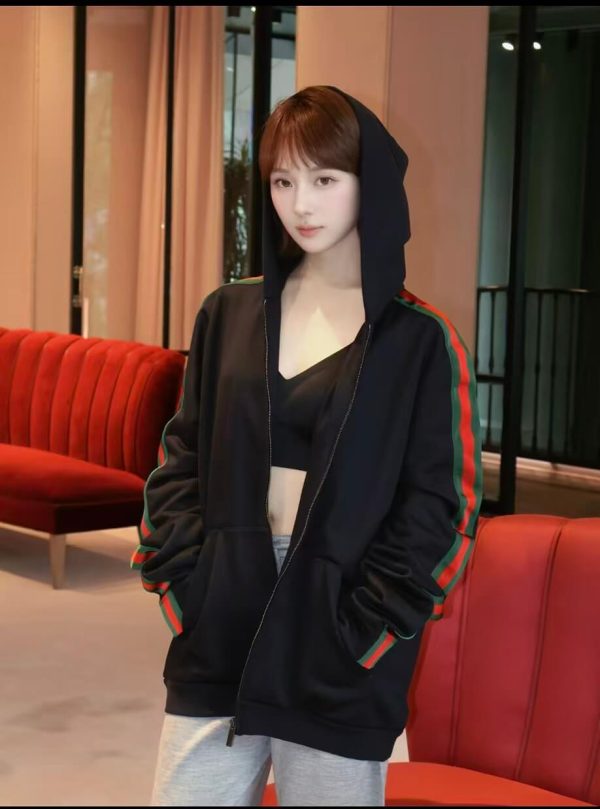 Gucci Silk Cotton Jersey Zip-Up Hoodie Signature Web Stripe Black