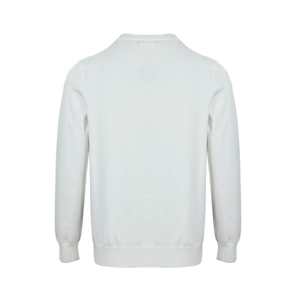 Back view of the white Louis Vuitton Intarsia Crewneck Sweater showing the solid, unembellished back profile and ribbed hem.