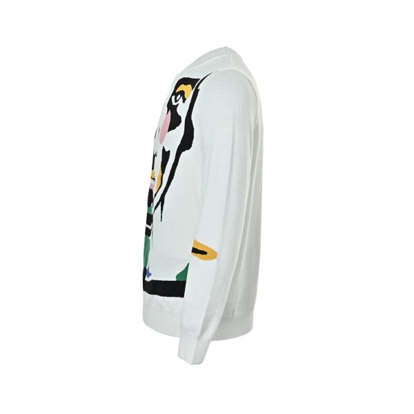 Side profile view of the white Louis Vuitton portrait sweater highlighting the graphic wrapping slightly at the side and the clean white back panel.