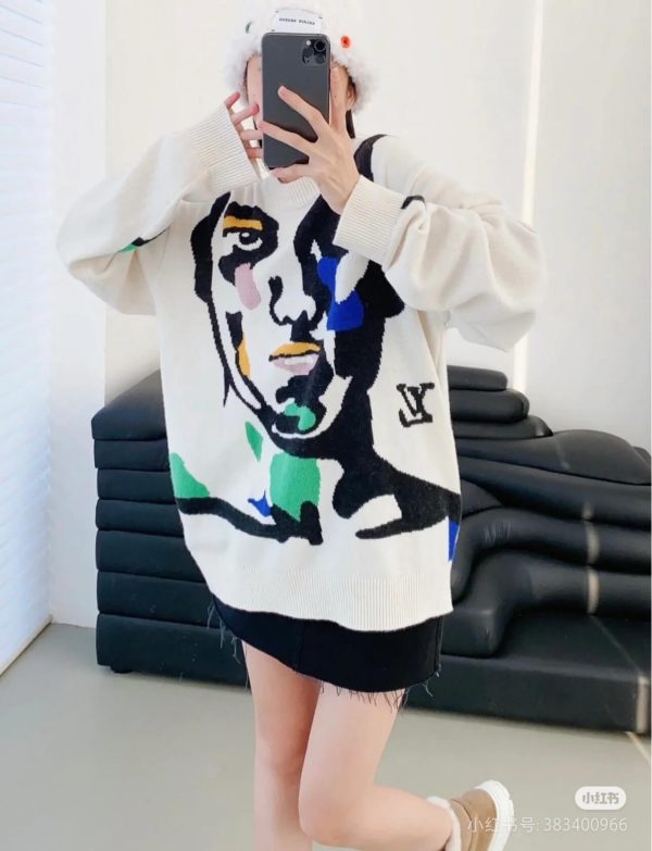 Louis Vuitton Abstract Portrait Intarsia Crewneck Sweater in White