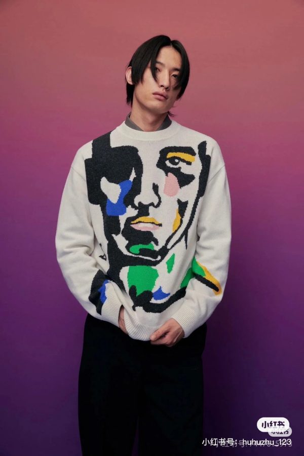 Louis Vuitton Abstract Portrait Intarsia Crewneck Sweater in White